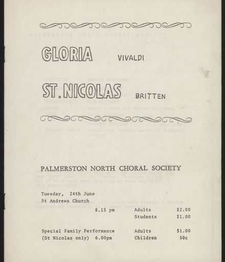 Palmerston North Choral Society concert programme