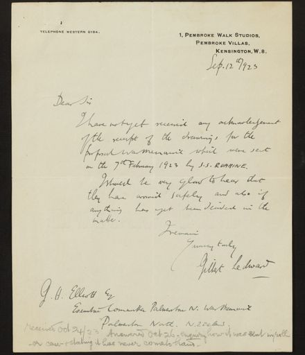 Correspondence regarding design of memorial, PN & Districts Soldiers' Memorial Fund, February 1923 4