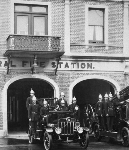 Firemen and fire engines outside Central Fire Station