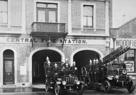 Firemen and fire engines outside Central Fire Station