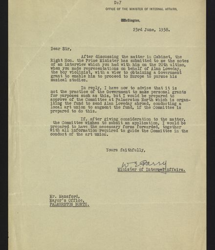 Letter from W E Parry, Minister of Internal Affairs