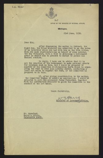 Letter from W E Parry, Minister of Internal Affairs