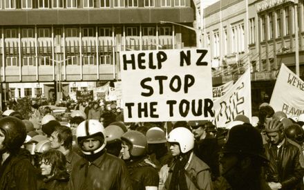 Anti-Apartheid and anti-Tour protest vanguard on match day.