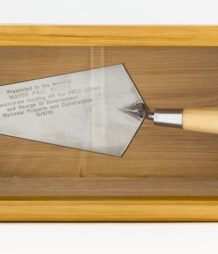 Image 1: Souvenir trowel from 'topping off ceremony' at the Palmerston North City Library Building