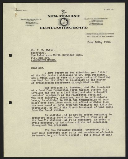 Letter from the New Zealand Broadcasting Board to the Palmerston North Garrison Band