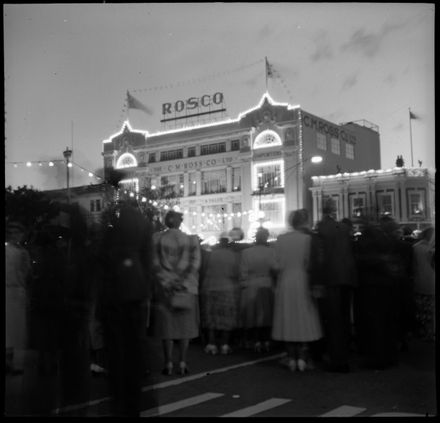 Crowd outside Roscos Building, Coronation Celebrations or Royal Visit - Resource cover image
