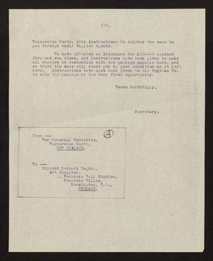 Correspondence regarding design of memorial, PN & Districts Soldiers' Memorial Fund, 13 August 1924 2