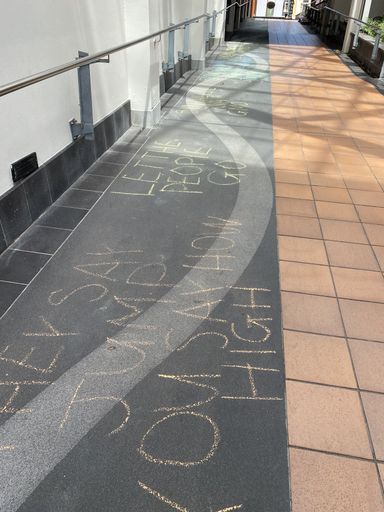 Chalked protest slogans outside Palmerston North City Library