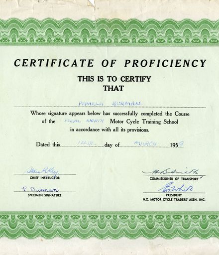Certificate of Proficiency from the Palmerston North Motor Cycle Training School