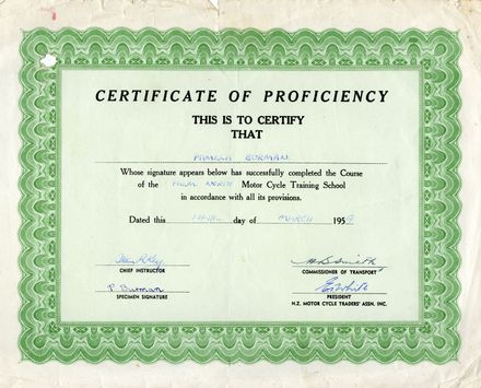 Certificate of Proficiency from the Palmerston North Motor Cycle Training School