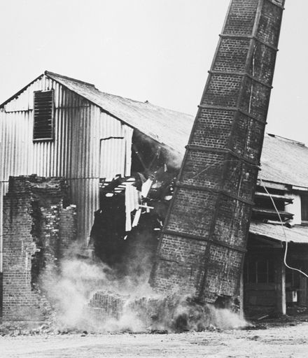 Demoliton of brick chimney at Brick and Pipes factory, Featherson Street