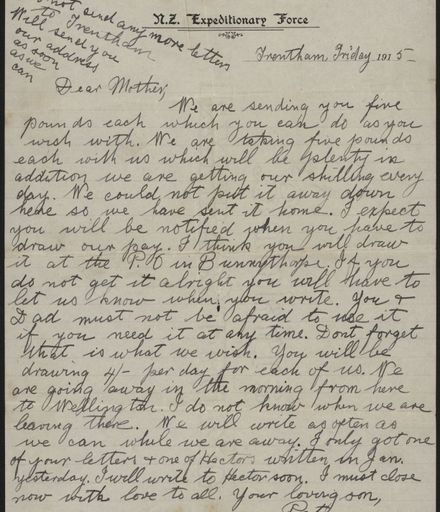 Letter home from Trentham during WWI