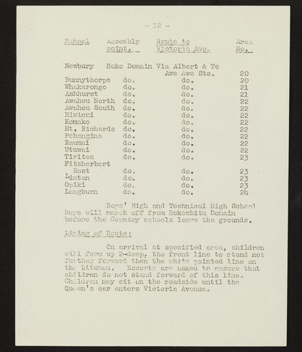 Schedule of Instructions and Details of Assembly for School Children for Royal Visit, 1954 13