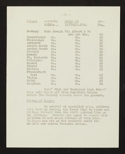 Schedule of Instructions and Details of Assembly for School Children for Royal Visit, 1954 13