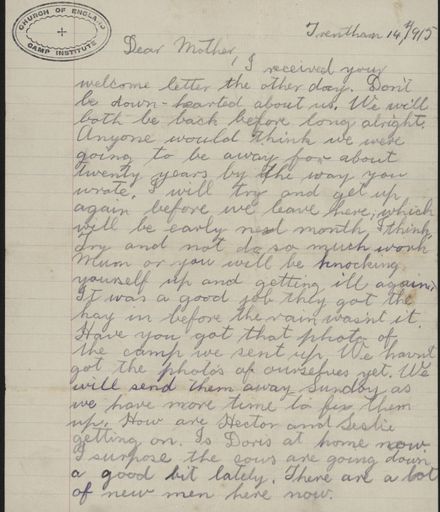 Letter from Len Argyle, at Trenthan during WWI
