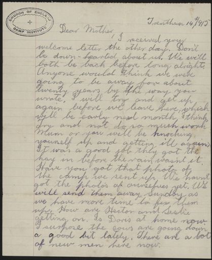 Letter from Len Argyle, at Trenthan during WWI