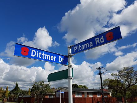 Dittmer Drive and Pitama Road street signs with poppies