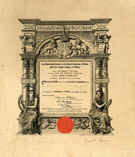 Certificate awarded to Evelyn Rawlins by the Royal Academy of Music and the Royal College of Music