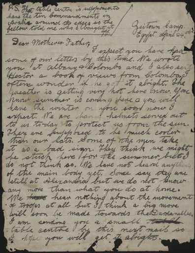 Letter home from Egypt during WWI