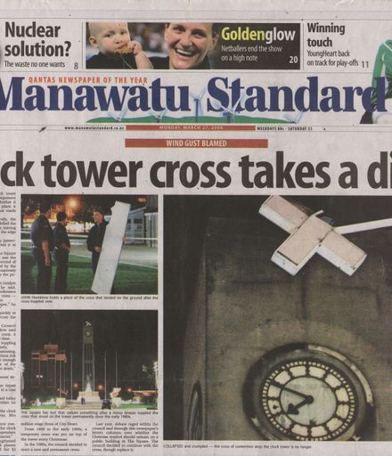 Newspaper article regarding the cross blown off Palmerston North Clock Tower, The Square