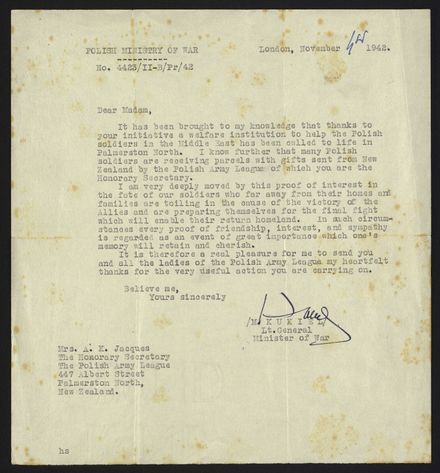 Letter from the Polish Ministry of War to the Polish Army League - Resource cover image