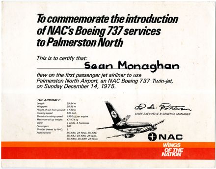 NAC Boeing 737 first service to Palmerston North Certificate