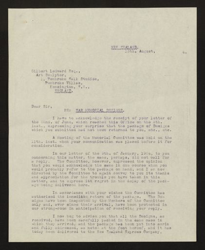 Correspondence regarding design of memorial, PN & Districts Soldiers' Memorial Fund, 13 August 1924