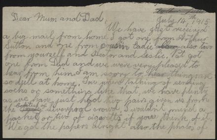 Letter home from Gallipoli during WWI