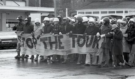 Anti-Apartheid and anti-Tour protest vanguard on match day.