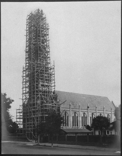 Construction of St Patricks Church spire, Broadway