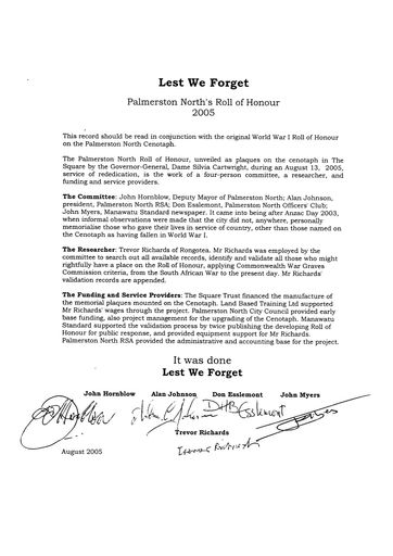 Page 4: Palmerston North War Memorial - list of names of war dead