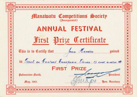 Manawatū Competitions Society certificates received by Jean Hardie in 1945