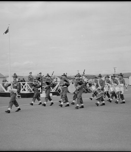 The Army Pipe and Drum Band, 22nd Intake, March Past a Platform on the Parade Ground, Linton