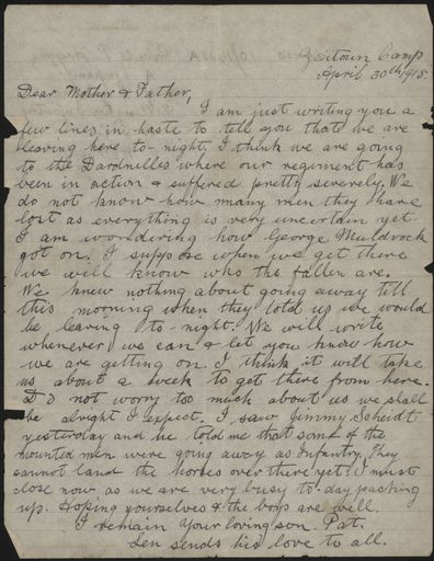 Letter home from Egypt during WWI