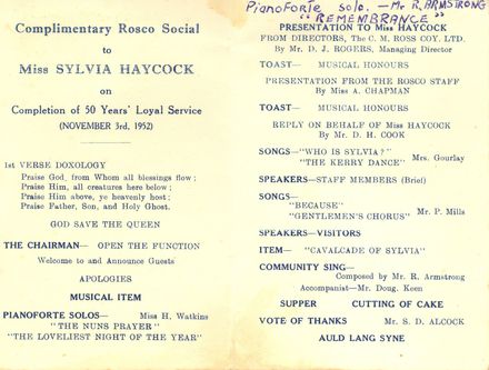 Programme of social to celebrate Miss Haycock’s 50 years of service for C M Ross Co. Ltd.