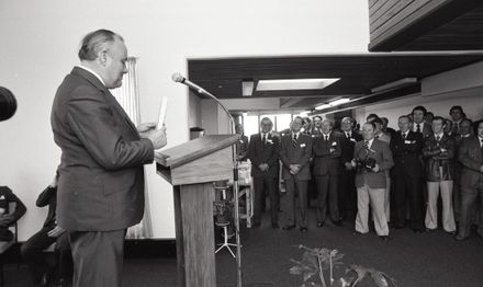 Prime Minister Rob Muldoon opens the National Mutual building