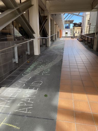 Chalked protest slogans outside Palmerston North City Library