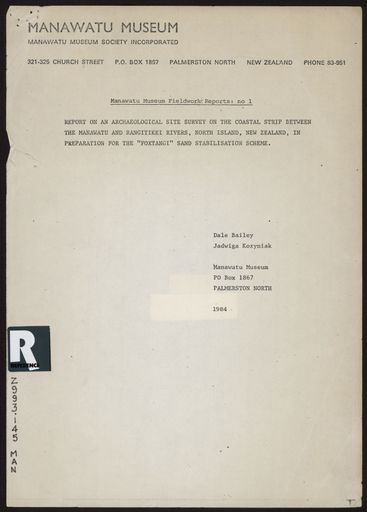 "Manawatu Museum Fieldwork Reports: No. 1"