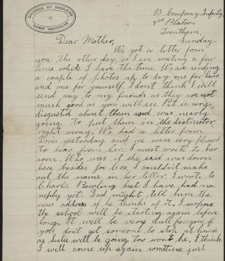 Letter from Len Argyle, from Trentham in WWI