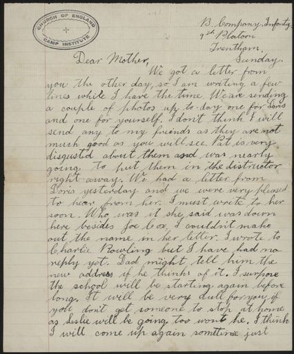 Letter from Len Argyle, from Trentham in WWI