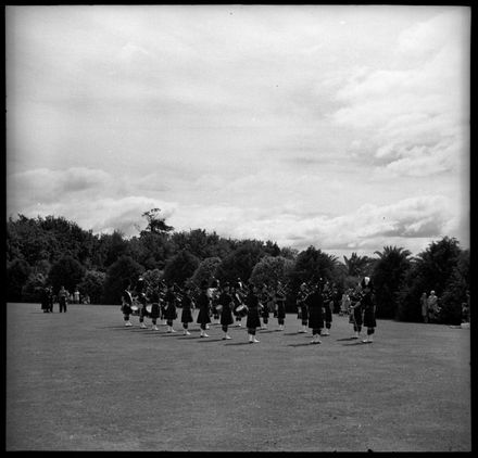 Group of bagpipers in a park, thought to be the Victoria Esplanade - Resource cover image