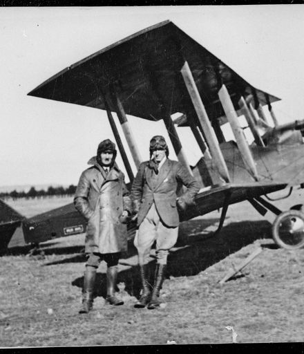 Captain Russell and H E Hibbard with Walsh Brothers DH6 aeoplane, Dannevirke