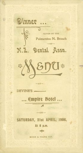Page 1: N Z Dental Association dinner menu
