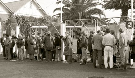 Queue for the game outside Showgrounds fenceline.