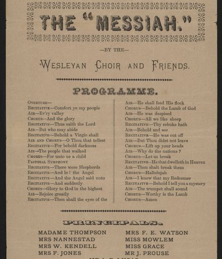 Wesleyan Choir concert programme - "The Messiah"