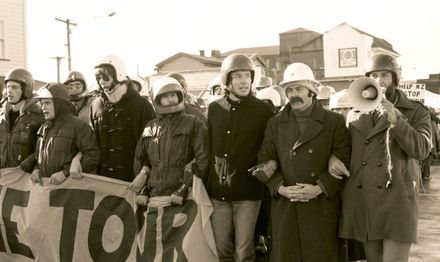 Anti-Apartheid and anti-Tour protest vanguard on match day.