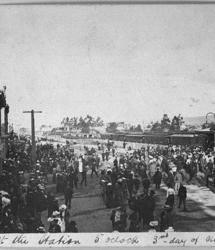 Crowds outside Palmerston North Railway Station, Main Street