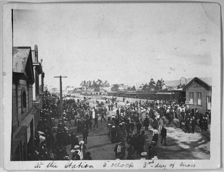 Crowds outside Palmerston North Railway Station, Main Street