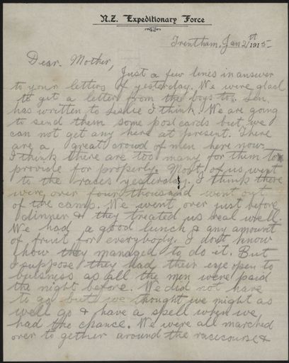 Letter from Trentham during WW1