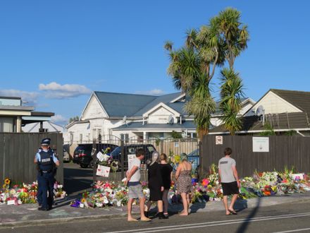 Flowers outside mosque in Palmerston North